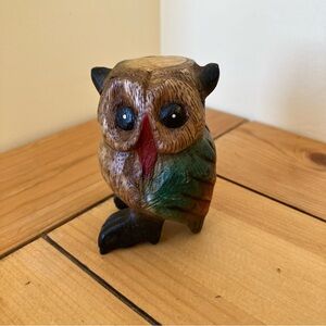 Hand Carved Owl Bird Figurine Statue Wooden Whistle 3.25" Tall